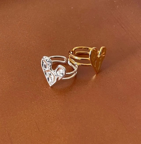 925 Sterlingsilber Gehämmertes Herz Offener Ring 18K Vergoldet Unregelmäßig Verstellbarer Fingerring Für Damen Mode Schmuck