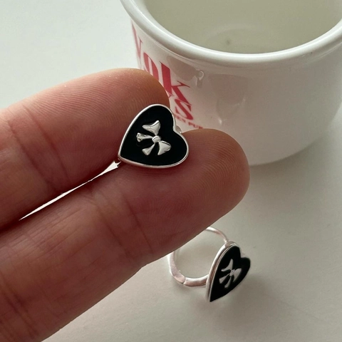 Pendientes de Aro de Plata de Ley 925 con Corazón y Lazo Esmalte Negro para Mujer Joyería de Moda Estilo Coreano Regalo