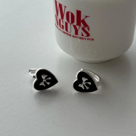 Pendientes de Aro de Plata de Ley 925 con Corazón y Lazo Esmalte Negro para Mujer Joyería de Moda Estilo Coreano Regalo