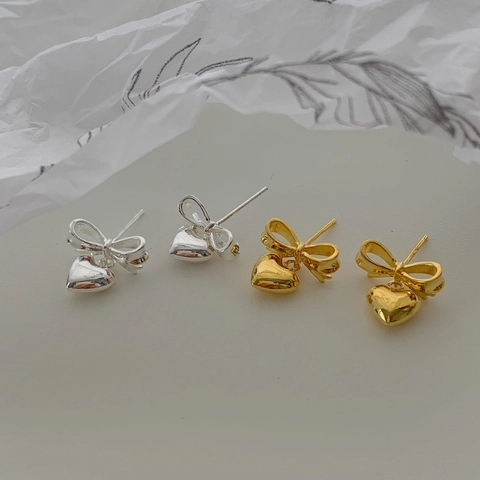 925 Sterlingsilber Schleife Herz Anhänger Ohrstecker Für Damen Koreanisch Minimalistisch Süß Gold Silber Ohrringe Schmuck Geschenk