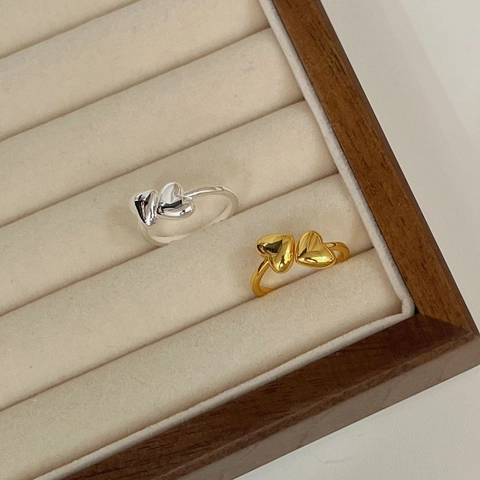 925 Sterling Zilveren Dubbel Hart Open Ring Voor Vrouwen Koreaanse Stijl Minimalistisch Verstelbaar Goud Zilver Verguld Mode Vingerring Sieraden Cadeau