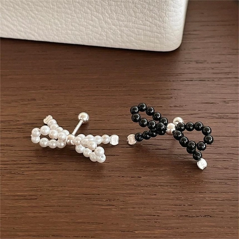 Orecchini a Bottone con Fiocco in Argento Sterling 925 per Donna Stile Coreano con Perline Perla Artificiale Agata Nera Gioielli di Moda