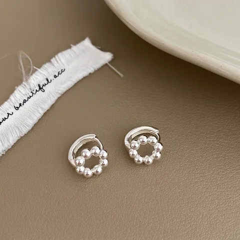 925 Sterling Silver Beaded Hoop Earrings For Women French Style Minimalist Round Bead Ear Buckle Fashion Jewelry Gold Silver