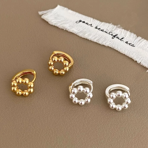 925 Sterling Silver Beaded Hoop Earrings For Women French Style Minimalist Round Bead Ear Buckle Fashion Jewelry Gold Silver