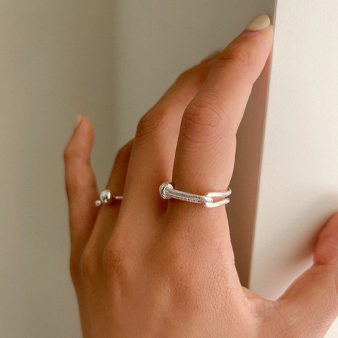 S925 Sterling Silver Double Layer Knotted Open Ring For Women Minimalist Snake Chain Texture Adjustable Finger Ring Jewelry