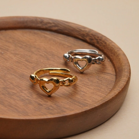 925 Sterling Silver Open Heart Ring Korean Minimalist Adjustable Finger Ring Hollow Chain Texture Gold Silver Ring For Women