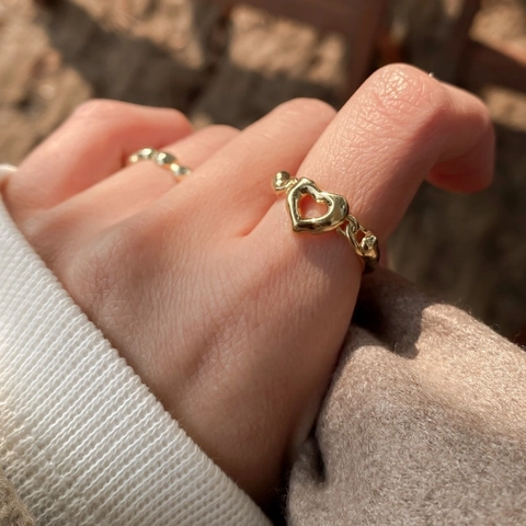 925 Sterling Silver Open Heart Ring Korean Minimalist Adjustable Finger Ring Hollow Chain Texture Gold Silver Ring For Women