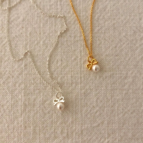 Elegante Collana Con Ciondolo a Fiocco in Argento Sterling 925 e Perla Artificiale Gioielli Minimalisti Donna