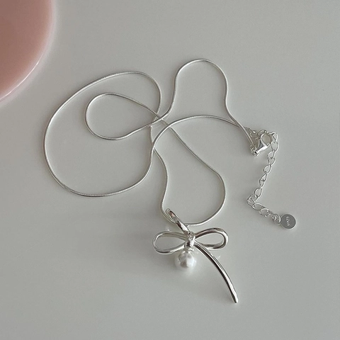 Collana con Pendente a Fiocco in Argento Sterling 925 per Donna Elegante Perla Artificiale Agata Nera Catena a Serpente Gioielli