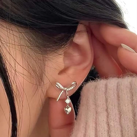 Korean S925 Sterling Silver Bowknot Heart Stud Earrings For Women Zirconia Inlaid Gold Silver Plated Fashion Jewelry Gift