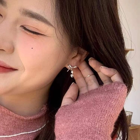 Korean S925 Sterling Silver Bowknot Heart Stud Earrings For Women Zirconia Inlaid Gold Silver Plated Fashion Jewelry Gift