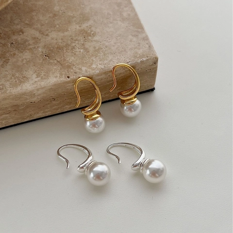 Orecchini a Cerchio C in Argento Sterling 925 Con Perle per Donna Oro Argento Perla Artificiale Orecchini Pendenti Minimalisti