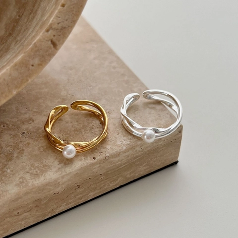 Minimalistischer 925 Sterlingsilber Künstliche Perle Offener Ring Für Damen Verstellbare Kreuzwelle Gold Silber Galvanisiert Schmuck
