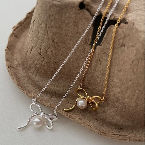Collana di Perle a Fiocco in Argento Sterling 925 per Donna Minimalista Elegante Collana con Ciondolo a Fiocco Gioielli Regalo