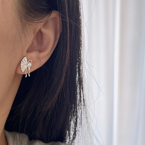 Vintage 925 Sterling Silver Fan Shaped Artificial Pearl Stud Earrings For Women Elegant Bowknot Design Retro Oriental Jewelry