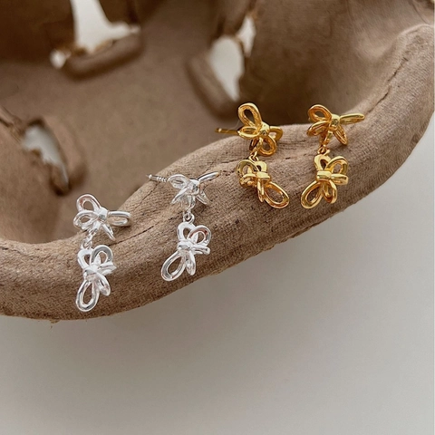S925 Sterling Silver Bowknot Stud Earrings Refined Vintage Handcrafted Ribbon Tie Design Gold Silver Jewelry For Women