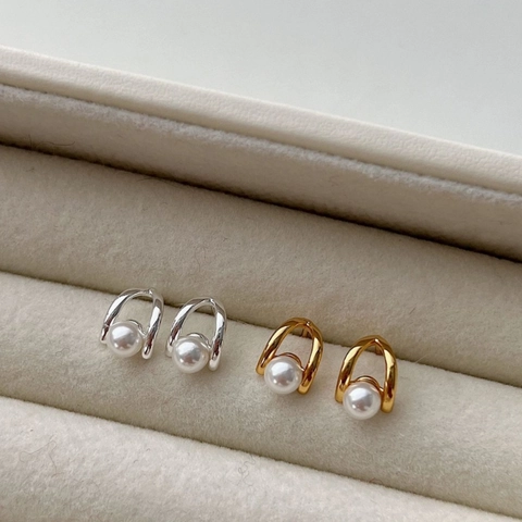 Perno in Argento Sterling 925 Orecchini a Bottone con Perla Artificiale Minimalista Forma a U Geometrico Gioielli