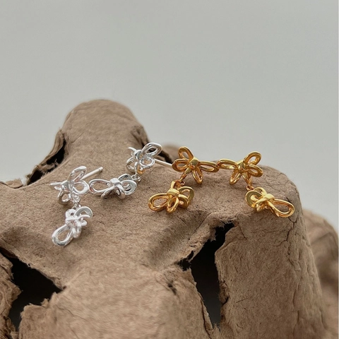 S925 Sterling Silver Bowknot Stud Earrings Refined Vintage Handcrafted Ribbon Tie Design Gold Silver Jewelry For Women