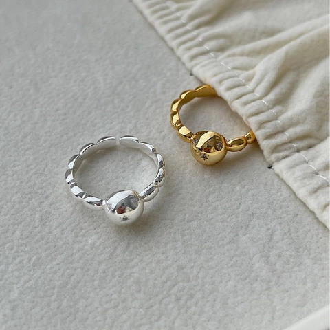 Korean Minimalist 925 Sterling Silver Ball Open Ring For Women Adjustable Star Engraved Rhinestone Gold Silver Jewelry