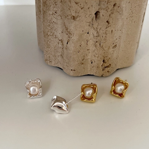 925 Sterling Silver Freshwater Pearl Stud Earrings Irregular Geometric Square Gold Silver French Retro Niche Women Jewelry