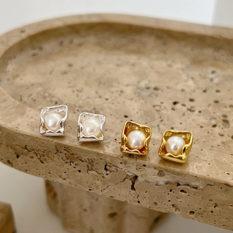925 Sterling Silver Freshwater Pearl Stud Earrings Irregular Geometric Square Gold Silver French Retro Niche Women Jewelry
