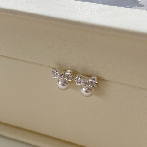 925 Sterling Silver Earring Post Bow Knot Artificial Pearl Stud Earrings Rhinestone Bowknot Gold Silver Plated Jewelry For Women