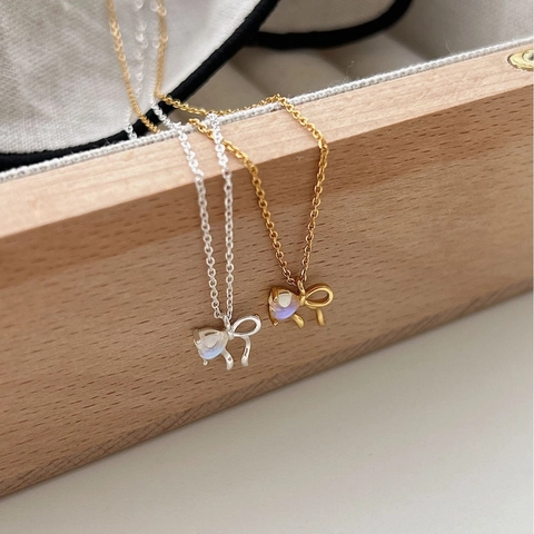 Collar con Colgante de Lazo de Plata de Ley 925 y Piedra de Luna para Mujer Elegante Minimalista Dorado Plateado Gargantilla Joyería