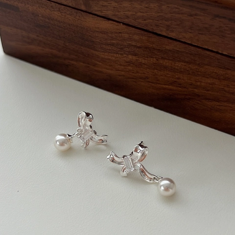 Orecchini a Bottone con Fiocco a Farfalla in Argento Sterling S925 Perla Artificiale Strass per Donna Gioielli Eleganti Minimalisti