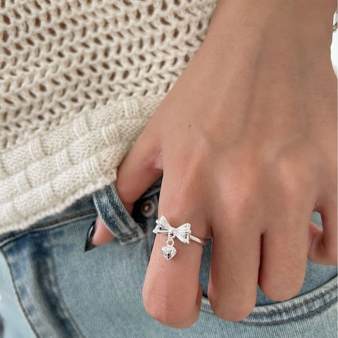 S925 Sterling Silver Bowknot Heart Pendant Open Ring Adjustable Minimalist Fashion Jewelry For Women Gold Silver Finger Ring