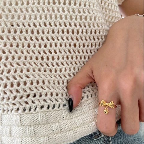 S925 Sterling Silver Bowknot Heart Pendant Open Ring Adjustable Minimalist Fashion Jewelry For Women Gold Silver Finger Ring