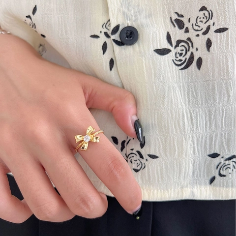 Anillo de Lazo de Plata de Ley 925 para Mujer Banda de Cuerda Trenzada Anillo Abierto Ajustable Strass Incrustado Joyería Coreana