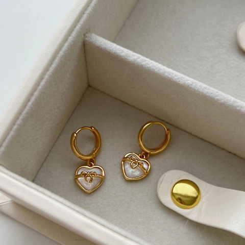 Pendientes de Aro de Plata de Ley 925 con Corazón de Madreperla y Lazo para Mujer Estilo Celebridad Coreana Elegante