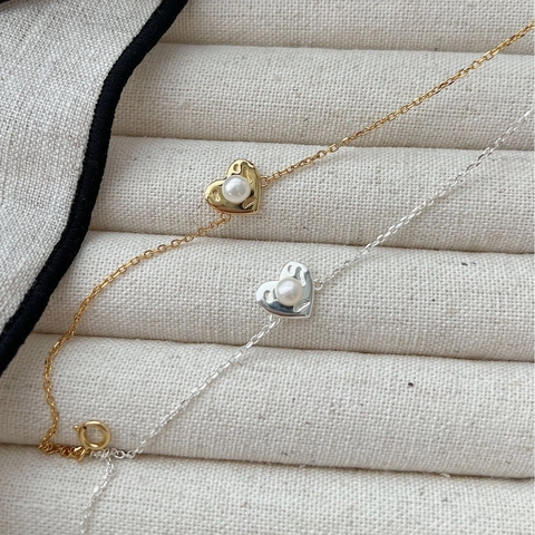 925 Sterling Silver Heart Bracelet With Artificial Pearl Korean Style Adjustable Gold Silver Plated Elegant Jewelry Gift