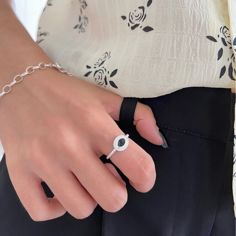 Vintage 925 Sterling Silver Natural Stone Open Ring For Women Black Oval Geometric Adjustable Minimalist Jewelry Finger Ring