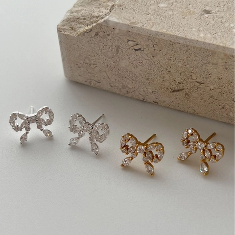 Orecchini a Bottone con Fiocco in Argento Sterling 925 per Donna Fiocco di Strass Brillanti Lusso Lavoro Pesante Gioielli Coreani Eleganti