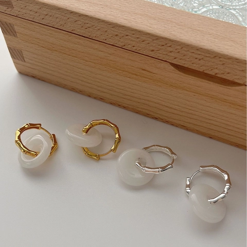 New Chinese Style 925 Sterling Silver Bamboo Joint Hoop Earrings For Women White Agate Ping An Kou Pendant Earrings Retro Jewelry Gift