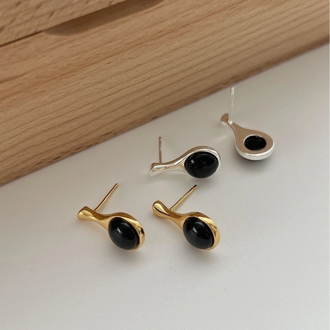 925 Sterling Silver Black Onyx Stud Earrings For Women Minimalist Water Drop Shaped Elegant Geometric Jewelry Gift