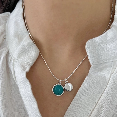 French Style 925 Sterling Silver Round Turquoise Pendant Necklace For Women Double Pendant Clavicle Chain Daily Jewelry Gold Silver