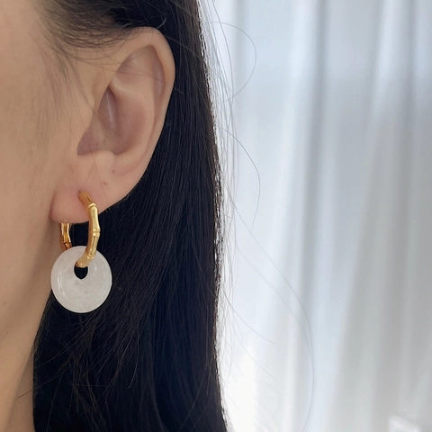 New Chinese Style 925 Sterling Silver Bamboo Joint Hoop Earrings For Women White Agate Ping An Kou Pendant Earrings Retro Jewelry Gift