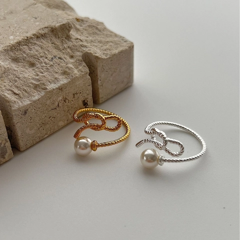 925 Sterlingsilber Perle Knoten Offener Ring Für Damen Vintage Elegant Verstellbar Geflochten Seil Fingerring Mode Schmuck Geschenk
