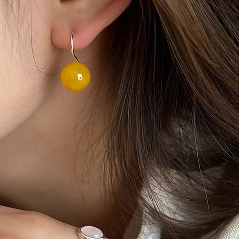925 Sterlingsilber Gelber Achat Hakenohrringe Neuer Chinesischer Stil Runde Perle Ohrringe Für Damen Einfacher Schmuck
