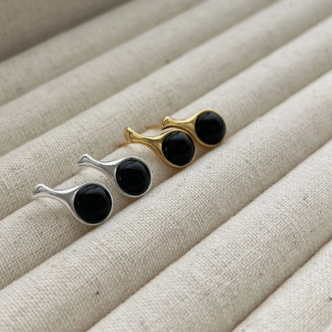 925 Sterling Silver Black Onyx Stud Earrings For Women Minimalist Water Drop Shaped Elegant Geometric Jewelry Gift