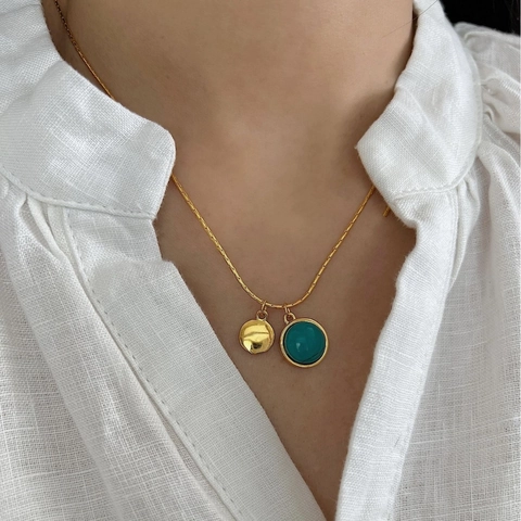 French Style 925 Sterling Silver Round Turquoise Pendant Necklace For Women Double Pendant Clavicle Chain Daily Jewelry Gold Silver