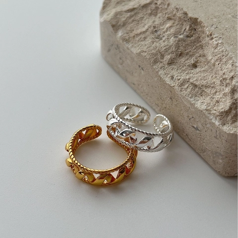 S925 Sterling Silver Open Adjustable Ring For Women INS Style Braided Chain Wave Geometric Minimalist Finger Jewelry