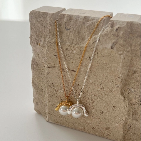 Collana con Pendente ad Arco Geometrico in Argento Sterling 925 Con Perla Artificiale Gioielli Minimalisti Retro Eleganti per Donna Oro Argento