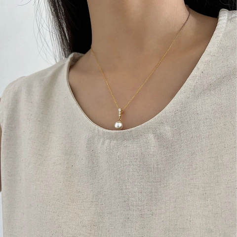 Collana con Ciondolo in Perla in Argento Sterling 925 Intarsio di Strass Minimalista Oro Argento Placcato Gioielli Donna Regalo