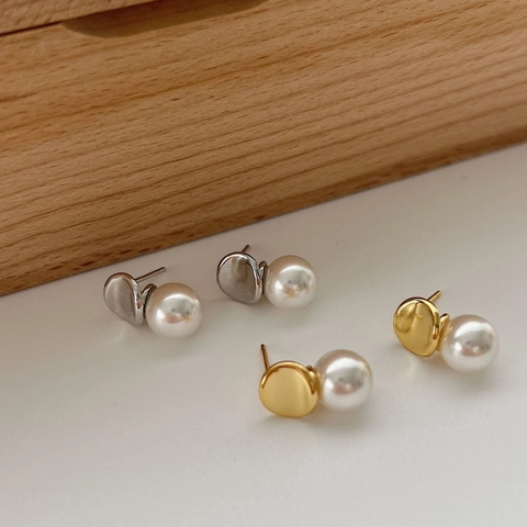 Pendientes de Botón de Plata de Ley 925 Minimalistas para Mujer Con Diseño de Disco de Perla Artificial Oro Plata