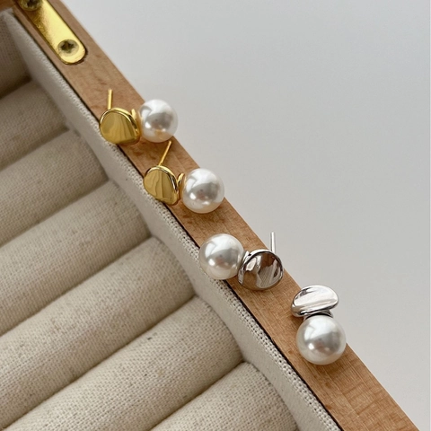 Pendientes de Botón de Plata de Ley 925 Minimalistas para Mujer Con Diseño de Disco de Perla Artificial Oro Plata