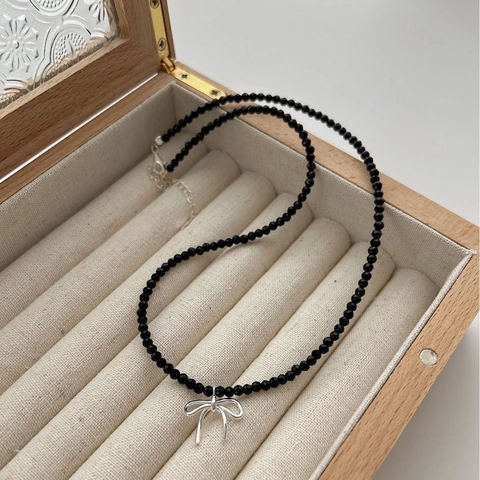 Collana a Perline in Argento Sterling 925 con Onice Nero e Fiocco Ciondolo a Fiocco Vintage Minimalista Catena della Clavicola Donna