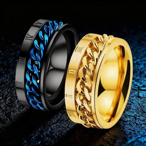 Stainless Steel Rotating Spinner Ring With Cuban Chain And Roman Numerals Punk Hip Hop Band For Men Women Fashion Jewelry